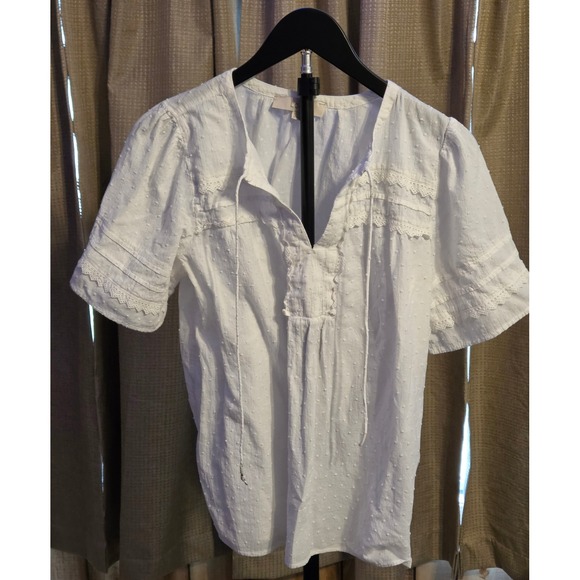 LOFT Tops - Loft Peasant Style V-Neck Blouse Women's Size Medium White Tie Front